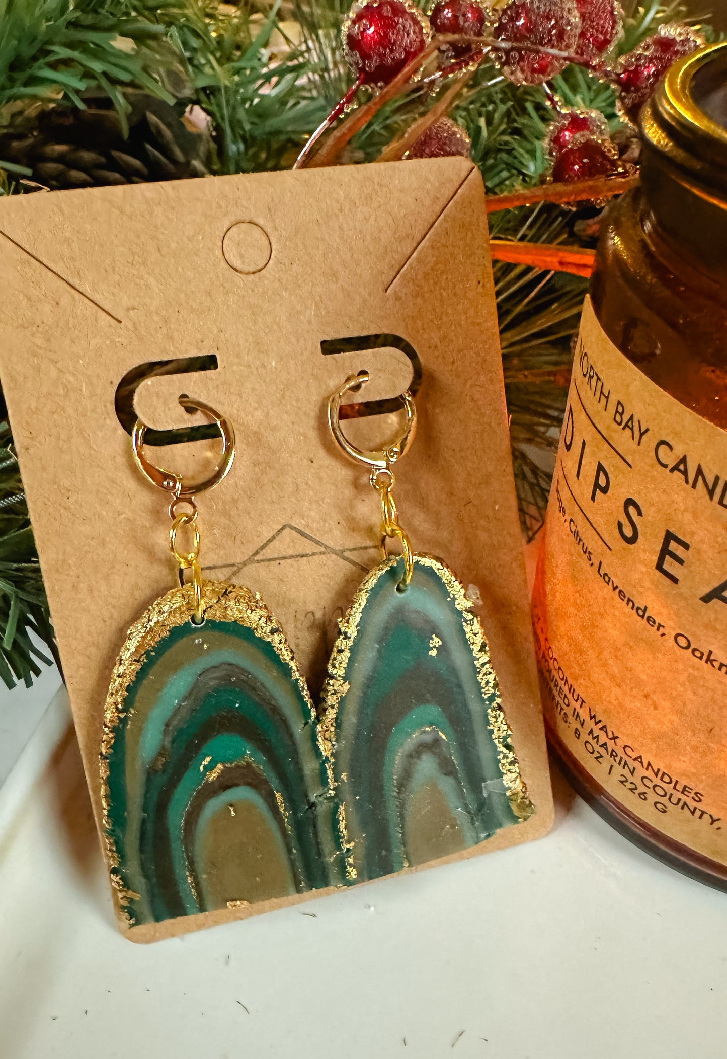 Winter Agate Slice Statement Earring - Turquoise/Gold/Brown