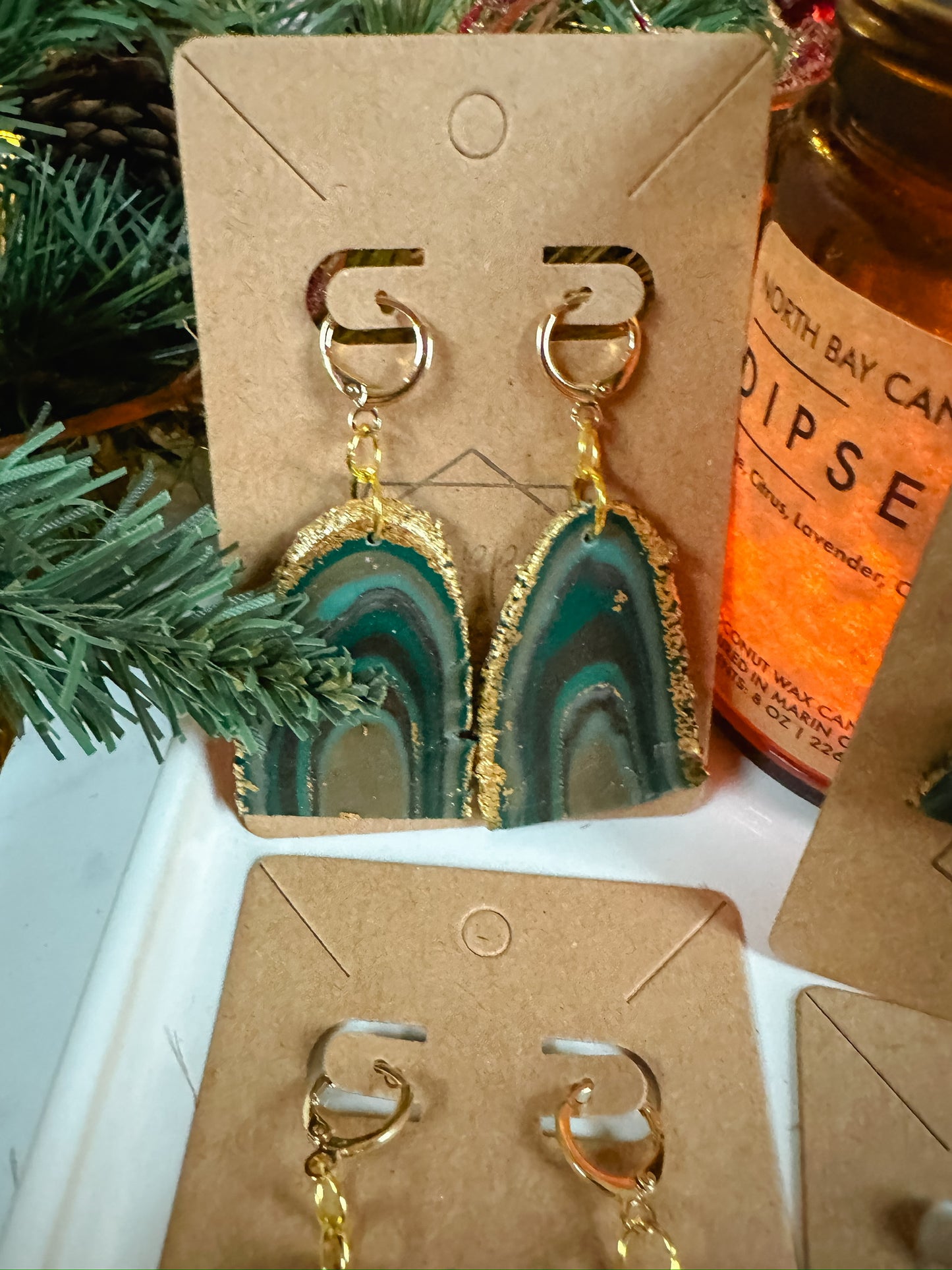 Winter Agate Slice Statement Earring - Turquoise/Gold/Brown