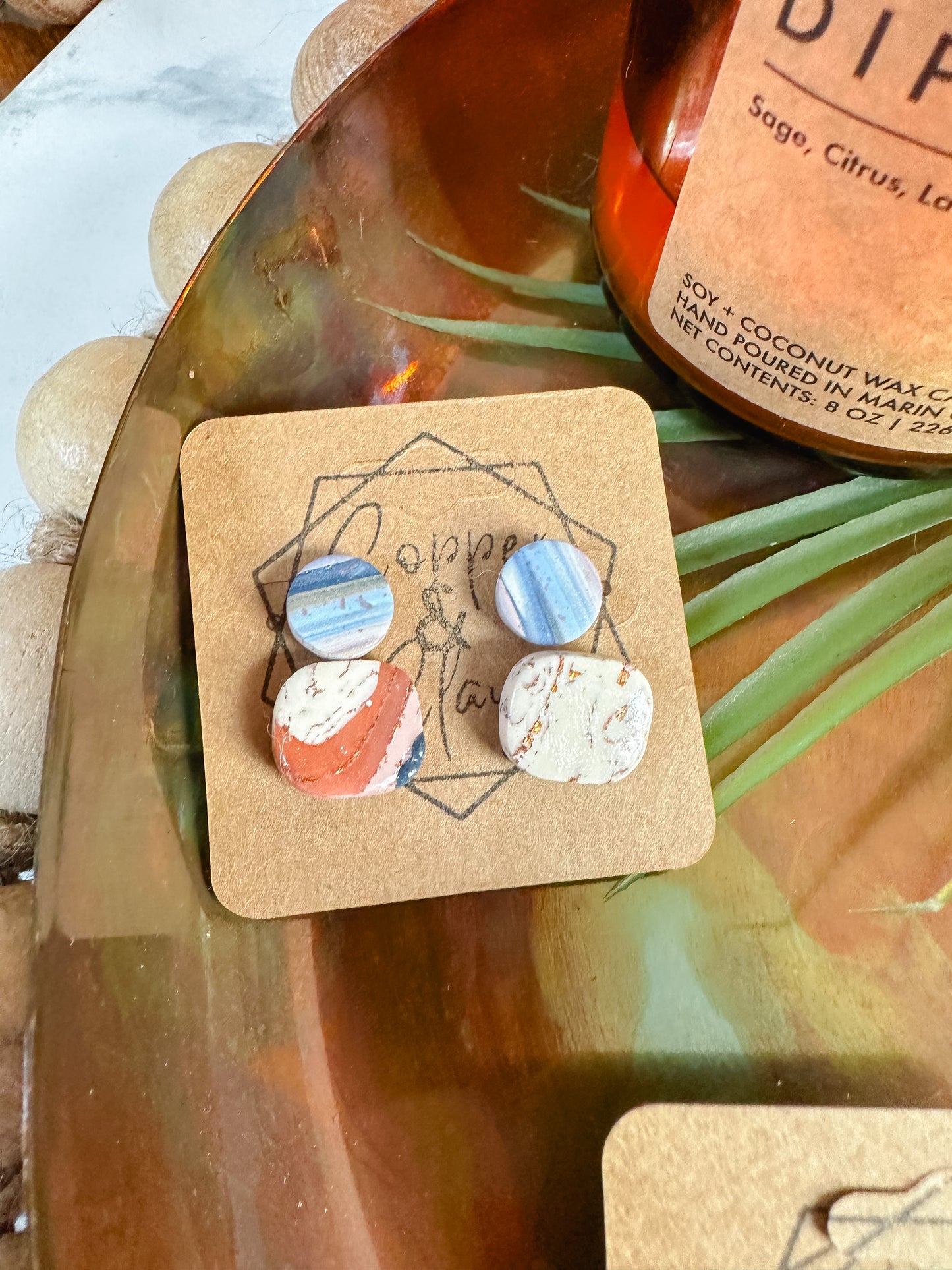 Ocean Agate and Beach Stripe Small Stud 2 Pack