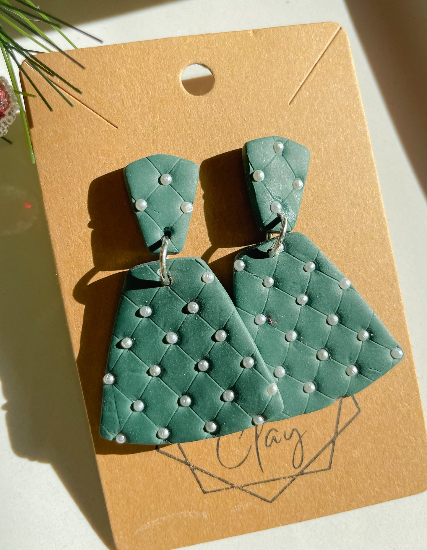 Quilted Emerald & Pearl Statement Earring